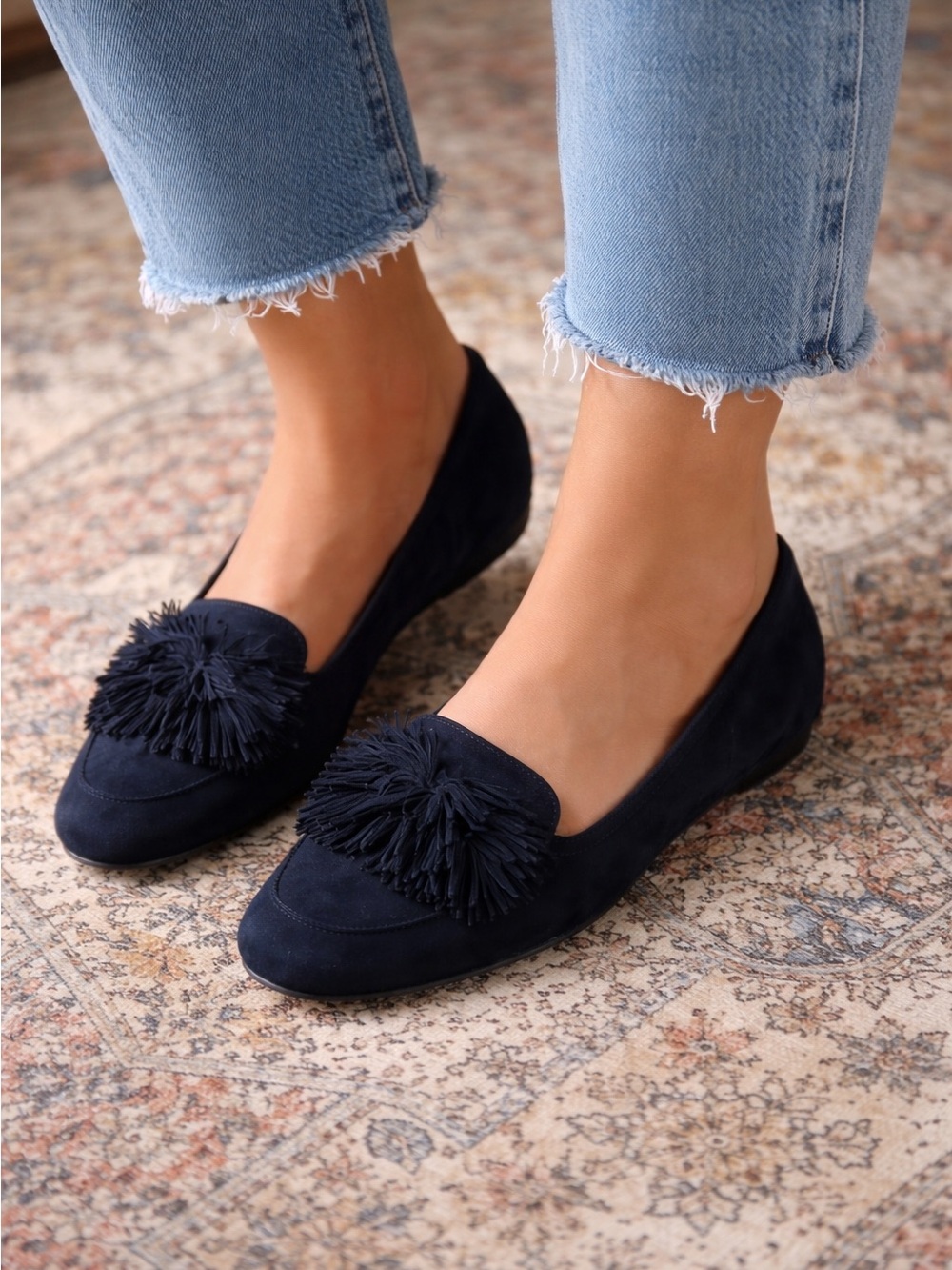 Aquazzura Navy Suede Tassel Loafers